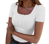 CGGMVCG Fitted T Shirts for Women 2025 Ribbed Knit Slim Fit Square Neck Tshirt Short Sleeve Casual Women's Tops (White, L)
