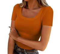 CGGMVCG Fitted T Shirts for Women 2025 Ribbed Knit Slim Fit Square Neck Tshirt Short Sleeve Casual Women's Tops (Z01 Orange, XXL)