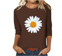 CGGMVCG Fitted Tshirts Shirts for Women Round Neck Daisy Printed 3/4 Sleeve Casual T Shirt Womens 3/4 Length Sleeve Tops (Z02 Brown, M)
