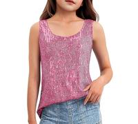 CGGMVCG Girls Sequin Vest Tops Sparkly Sleeveless Tank Top Kids Glitter Party Cami Shimmering Evening Clubwear Summer Wedding Guest Disco Glamour Wear, Hot Pink, 8-9 Years