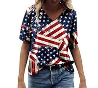 CGGMVCG July 4th Shirts for Women Summer Simple Casual V Neck Short Sleeve Tops Colorful American Flag Tops for Women, Red, M