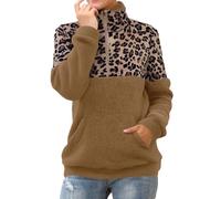 CGGMVCG Jumpers for Women UK Womens Fleece Jumper 1/4 Zip Up Teddy Fluffy Pullover Sweatshirt Ladies Casual Sweater Cozy Coat Tops Fall Winter Stand Collar Fleece Jacket with Pockets (Z01 Brown, L)