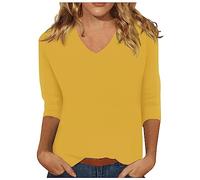 CGGMVCG Ladies Blouses and Tops 3/4 Sleeve Women's Fall Solid V Neck 3/4 Sleeve Loose Casual Top Shirts for Women Fitted (Mustard, XL)