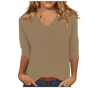 CGGMVCG Ladies Blouses and Tops 3/4 Sleeve Women's Fall Solid V Neck 3/4 Sleeve Loose Casual Top Shirts for Women Fitted (Khaki, XL)