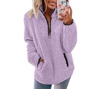 CGGMVCG Ladies Fleece Tops Womens Fleece Jumper 1/4 Zip Up Teddy Fluffy Pullover Sweatshirt Ladies Casual Sweater Cozy Coat Tops Fall Winter Stand Collar Fleece Jacket with Pockets (Purple, XXL)