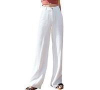 CGGMVCG Linen Pants for Women Womens Casual Cotton Linen High Waisted Wide Leg Pants Button Up Straight Leg Womens Trousers (White, M)