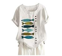CGGMVCG Linen Tops for Women Short Sleeve Fish Print Casual Blouse Boho Loose Top Button Tops for Women Casual Summer, White, XL