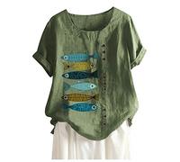 CGGMVCG Linen Tops for Women Short Sleeve Fish Print Casual Blouse Boho Loose Top Button Tops for Women Casual Summer, Green, L