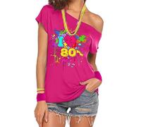 CGGMVCG Loose Tshirts for Women I Love The 80's Graphic Tees Sexy Off Shoulder Womens Tops Casual Short Sleeve (Hot Pink, XXL)