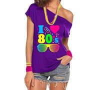 CGGMVCG Loose Womens Tshirt I Love The 80's Graphic Tees Sexy Off Shoulder Short Sleeve Womens Tops Casual Summer (Purple, L)