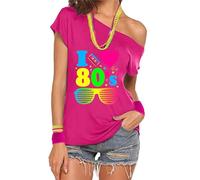 CGGMVCG Loose Womens Tshirt I Love The 80's Graphic Tees Sexy Off Shoulder Short Sleeve Womens Tops Casual Summer (Hot Pink, XXL)