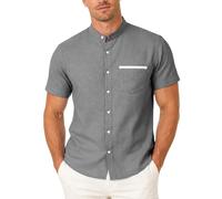 CGGMVCG Mens Casual Linen Shirt Short Sleeve Grandad Band Collar Button Down Summer Top Plain Color Beach Shirt with Contrast Trim Pocket