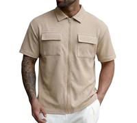 CGGMVCG Men's Full Zip Shirts Short Sleeve Cargo Top Waffle Knit Summer Jacket Style Shirt Smart Casual Work Wear Lightweight Muscle Fit Shacket Outdoor Tops, Khaki, XL