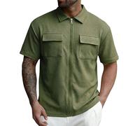 CGGMVCG Men's Full Zip Shirts Short Sleeve Cargo Top Waffle Knit Summer Jacket Style Shirt Smart Casual Work Wear Lightweight Muscle Fit Shacket Outdoor Tops, Green, M