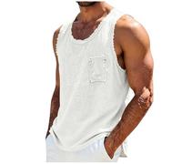 CGGMVCG Men's Linen Vest Tops Summer Sleeveless Shirt Raw Edge Distressed Tanks Lightweight Breathable Beach Holiday Yoga Tops Casual Muscle Fit T-Shirt with Pocket, White, XXL