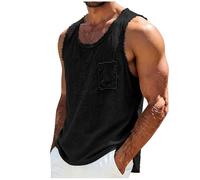 CGGMVCG Men's Linen Vest Tops Summer Sleeveless Shirt Raw Edge Distressed Tanks Lightweight Breathable Beach Holiday Yoga Tops Casual Muscle Fit T-Shirt with Pocket, Black, L