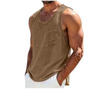 CGGMVCG Men's Linen Vest Tops Summer Sleeveless Shirt Raw Edge Distressed Tanks Lightweight Breathable Beach Holiday Yoga Tops Casual Muscle Fit T-Shirt with Pocket, Khaki, M