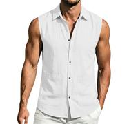 CGGMVCG Men's Sleeveless Button Down Shirts Summer Casual Linen Vest Tops Muscle Tee Turn-Down Collar Holiday Beach Tank Top with Pockets (White, XXL)
