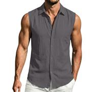 CGGMVCG Men's Sleeveless Button Down Shirts Summer Casual Linen Vest Tops Muscle Tee Turn-Down Collar Holiday Beach Tank Top with Pockets (Dark Gray, M)