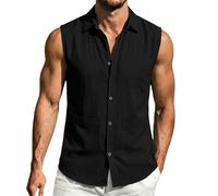 CGGMVCG Men's Sleeveless Button Down Shirts Summer Casual Linen Vest Tops Muscle Tee Turn-Down Collar Holiday Beach Tank Top with Pockets (Black, M)