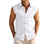 CGGMVCG Men's Sleeveless Button Down Shirts Summer Casual Textured Vest Tops Lightweight Beach Holiday Tanks Smart Casual Muscle Fit Shirt Plain Hippie Boho Top, White, XXL