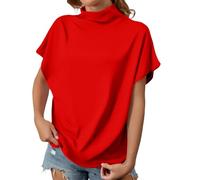 CGGMVCG Mock Turtleneck Shirt for Women Summer Solid Color Loose Casual Short Sleeve T-Shirt Womens Trendy Tops (Red, S)