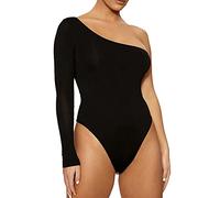 CGGMVCG One Shoulder Body Suits for Womens Tummy Control Solid Color Asymmetric Long Sleeve Sexy Backless Bodysuit (Black, L)