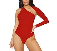 CGGMVCG One Shoulder Bodysuit for Women Tummy Control Sexy Cut Out Backless Long Sleeve Thong Body Suit (Red, M)