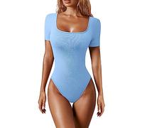 CGGMVCG Ribbed Body Suits for Womens Tummy Control Square Neck Sexy Short Sleeve One Piece Basic Bodysuits (Blue, S)