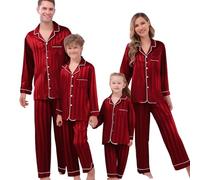 CGGMVCG Silk Satin Matching Christmas Pajamas for Family Striped Button Down Shirt and Pants Sets Silky Xmas Pjs Jammies for Pictures (Wine, Women/L)