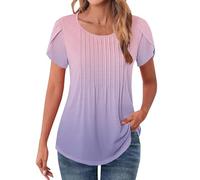 CGGMVCG Summer Tshirts Shirts for Women Daily Ombre Casual Round Neck Pleated Summer Short Sleeve Tops for Women (Pink, M)
