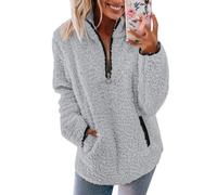 CGGMVCG Sweatshirts Without Hood Womens Fleece Jumper 1/4 Zip Up Teddy Fluffy Pullover Sweatshirt Ladies Casual Sweater Cozy Coat Tops Fall Winter Stand Collar Fleece Jacket with Pockets (Grey, L)