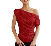 CGGMVCG T Shirt for Women 2025 One Shoulder Sequin Glitter Top Pleated Asymmetric Glitter Loose Summer Tops for Women (Red, XL)
