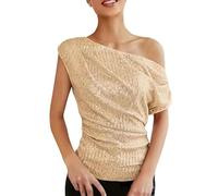 CGGMVCG T Shirt for Women 2025 One Shoulder Sequin Glitter Top Pleated Asymmetric Glitter Loose Summer Tops for Women (Gold, L)