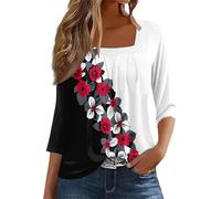 CGGMVCG T Shirts for Women 3/4 Sleeve Square Neck Solid Color Blouses Ladies Casual Pleated Loose Top for Women Trendy (Z05 Red, S)