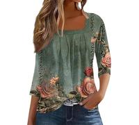 CGGMVCG T Shirts for Women 3/4 Sleeve Square Neck Solid Color Blouses Ladies Casual Pleated Loose Top for Women Trendy (Z07 Green, S)