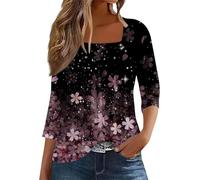 CGGMVCG T Shirts for Women 3/4 Sleeve Square Neck Solid Color Blouses Ladies Casual Pleated Loose Top for Women Trendy (Z03 Pink, S)