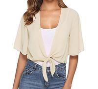 CGGMVCG Trendy Tops for Women Tie Front Chiffon Shrug Bell Short Sleeve Cropped Mesh Sheer Bolero Cardigan Shirts, Beige, M
