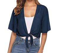 CGGMVCG Trendy Tops for Women Tie Front Chiffon Shrug Bell Short Sleeve Cropped Mesh Sheer Bolero Cardigan Shirts, Navy, S