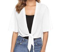 CGGMVCG Trendy Tops for Women Tie Front Chiffon Shrug Bell Short Sleeve Cropped Mesh Sheer Bolero Cardigan Shirts, White, M