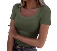 CGGMVCG Tshirts for Women Short Sleeve Square Neck Ribbed Knit Tee Tops Summer Slim Loose Casual Tops for Women (Army Green, M)