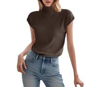 CGGMVCG Tshirts for Women Slim Fit Plain Tee Shirt Mock Turtleneck Short Sleeve Ladies Casual Summer Tops (Z02 Brown, M)