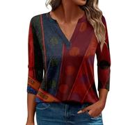 CGGMVCG Tshirts Shirts for Women V Neck Casual Printed Tops Three Quarter Sleeve Summer 3/4 Sleeve Blouses for Women 2025 (Wine, XL)