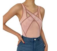 CGGMVCG Tummy Control Bodysuit for Women Fashion Color Block Sleeveless Sexy Sheer Mesh Cut Out Body Suits (Pink, M)