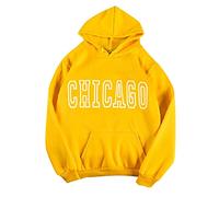 CGGMVCG Womens Chicago Hoodies Casual Long Sleeve Graphic Sweatshirt Letter Print Pullover Hooded Sweatshirt with Pocket, Yellow, S