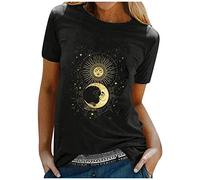 CGGMVCG Women's Crew Neck T Shirts Fashion Blouse Sun and Moon Printed Short Sleeve Graphic Tees Tops Women Trendy (Z02 Black, S)