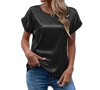 CGGMVCG Womens Fitted Silk Tshirt Spring Summer Short Sleeve Satin Shirt Loose Casual Round Neck Trendy Blouse Tops (Black, L)