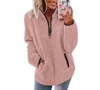 CGGMVCG Womens Fleece Jacket Uk Womens Fleece Jumper 1/4 Zip Up Teddy Fluffy Pullover Sweatshirt Ladies Casual Sweater Cozy Coat Tops Fall Winter Stand Collar Fleece Jacket with Pockets (Pink, XL)