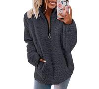 CGGMVCG Womens Fleece Jumper 1/4 Zip Up Teddy Fluffy Pullover Sweatshirt Ladies Casual Sweater Cozy Coat Tops Fall Winter Stand Collar Fleece Jacket with Pockets (Dark Gray, M)