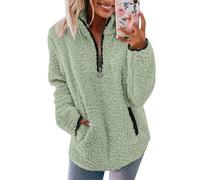 CGGMVCG Womens Fleece Jumper 1/4 Zip Up Teddy Fluffy Pullover Sweatshirt Ladies Casual Sweater Cozy Coat Tops Fall Winter Stand Collar Fleece Jacket with Pockets (Mint Green, L)